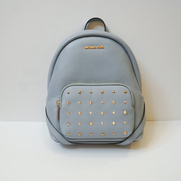 Michael Kors Erin Medium Backpack Pebbled Leather Pale Blue Gold Toned Studded - Picture 1 of 11
